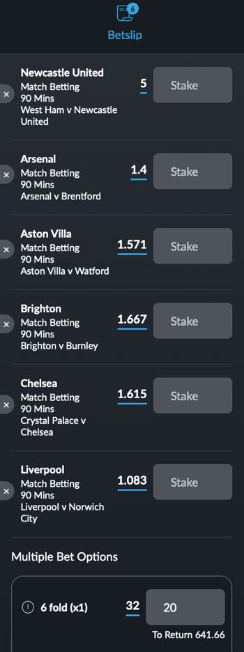 Premier League Six-Fold Betting Example